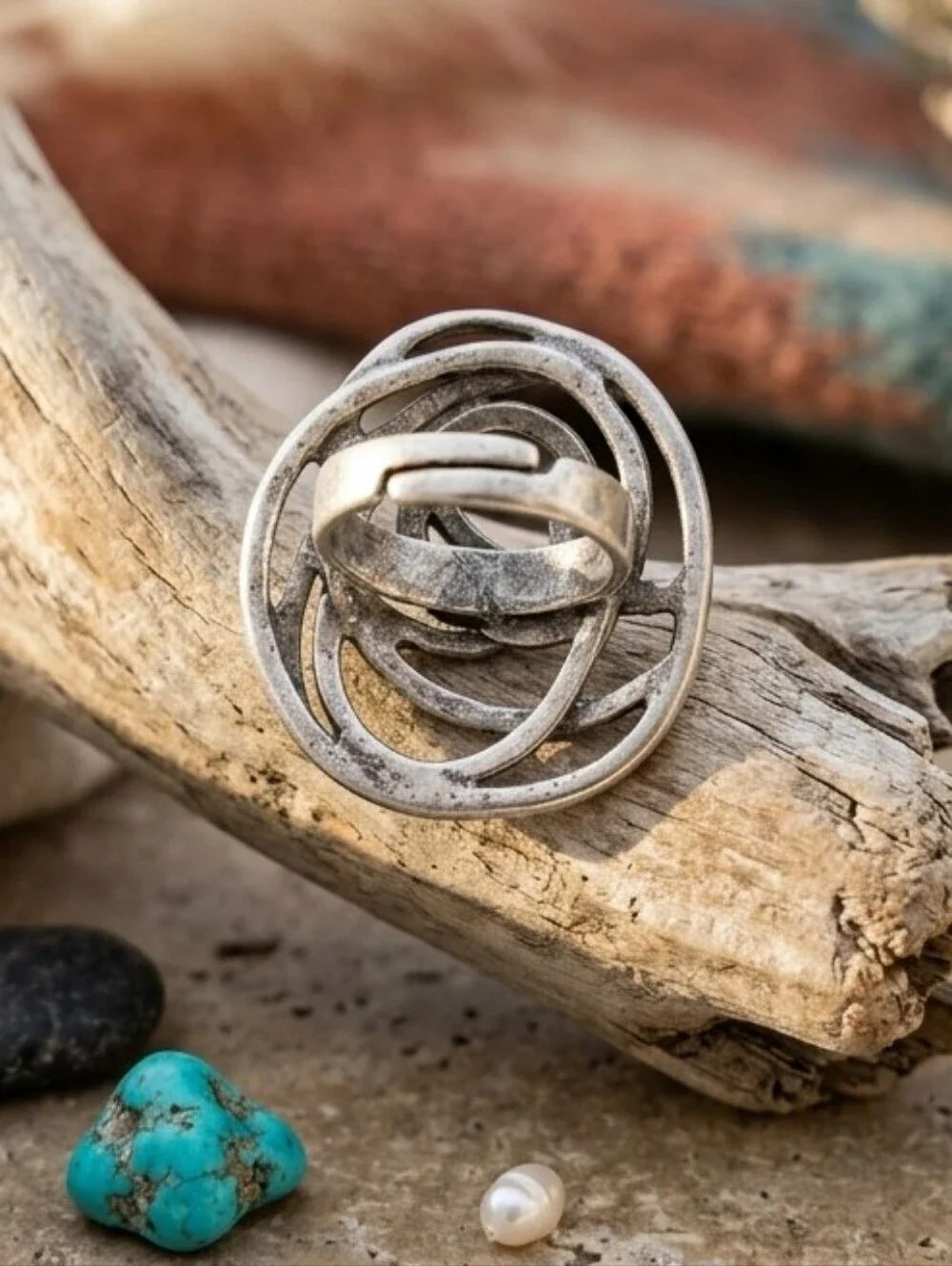 Turkish Zamak Rose Ring Large Statement Adjustable Boho Western Antiqued Silver